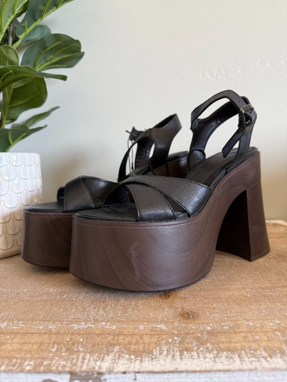NEW Zara Platform Sandals with Wood-Effect Heel : EU 36